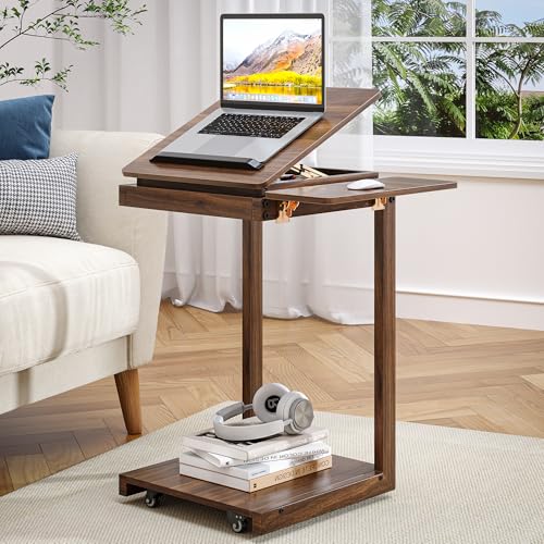 OtterOasis C Shaped End Table, Rolling Side Table with 4-Way Convertible Desktop, Wooden C Table with Multi-functional Folding Tray & Lockable Wheels, Side Table for Couch, Living Room, Bedroom,Walnut
