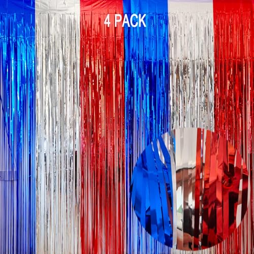 EUFARS 4th of July Decorations- 4 Pack of 3.2x8.2ft Red Silver Blue Tinsel Foil Fringe Curtains for Patriotic Party Memorial Day Independence Day Party Backdrop