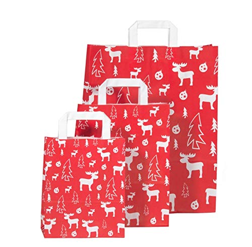 18+8x22cm, Elch, Papiertragetasche, Flachhenkel, Geschenktüte Weihnachten, Weihnachtstüten, Geschenktasche, Rot Größe 250 Stück