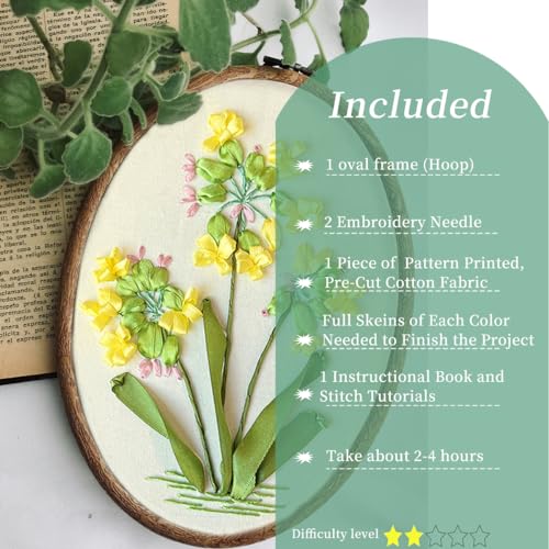 Image of FONNUY Ribbon Embroidery 3D Flowers Pattern Design Kit Embroidery DIY Handwork Set Oval Home Decoration (Yellow Camellia)