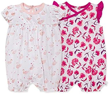 Burt's Bees Baby baby girls Rompers, of 2 Bubbles, One Piece Jumpsuits, 100% Organic Cotton and Toddler Layette Set, Graceful Swans, 12 Months US