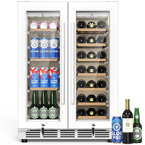 24 Inch Dual Zone Wine and Beverage Refrigerator - Under Counter Built-in/Free Standing Beverage Cooler with Glass Door,Beverage Fridge with Large Cap