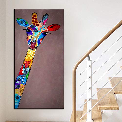 Peinture à l'huile girafe colorée faite main grand format luxe 80 x 160 cm
