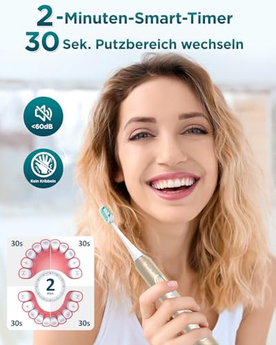 Elektrische Zahnbürste für Erwachsene - Schallzahnbürsten mit 8 Zahnbürstenköpfen (3 Typen) und 2 Minuten Smart Timer… – Ansicht 6