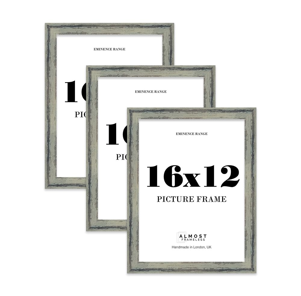 16x12" Distressed Green Picture Frame - Rustic Wood Industrial Effect Photo Frame for Wall Display, Ideal for Posters, Prints & Home Décor, Wall Hooks, 32mm Edge - 3 Pack