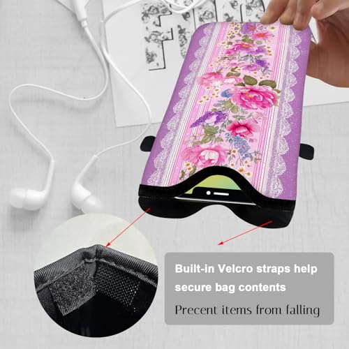Image of Neoprene Cell Phone Sleeve Pouch Case Bag with Crossbody Strap Neck Lanyard for Women 7.1 X 3.9 in Pink Flower Wall