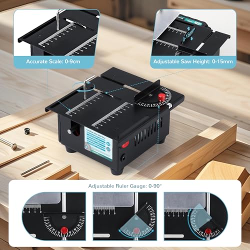 Bonoutil Cordless Mini Table Saw, 4 Blades Set Dual Power Option Li-ion Battery/Power Cord Cut Thickness 15 mm 0-90° Adjust Small Hobby Saws for DIY Model Wood Cutting - Image 2