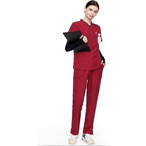 Uniforms World Horizon Scrubs Set for Women — Suit Stretch Top & Straight Pants with Multi Pocket, Yoga Waistband, 9 Pockets