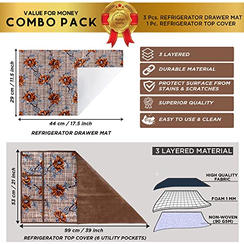 Image of Polyester 3-Layered Fridge Top Cover /Refrigerator Cover With Utility Pockets and Set of 3 Pc Fridge Mats (Color-Check Floral Brown, Size -39x21 Inches)