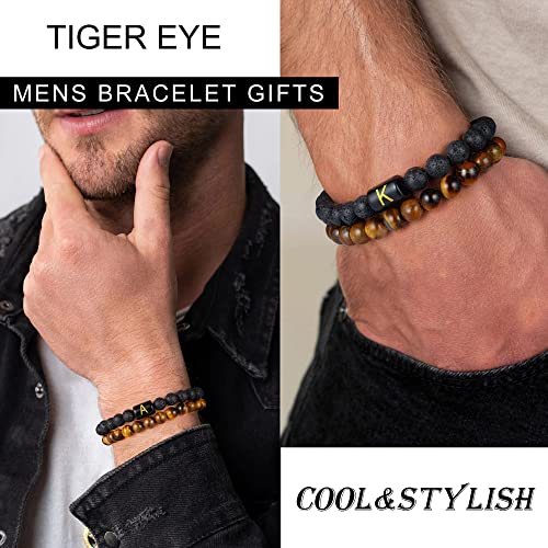 Luxejew Initial Beaded Bracelets For Men, 8Mm Tiger Eye Lava Rock Stone Handmade Mens Jewelry Adjustable Beads Bracelets Meaningful Letter Mens Bracelet Gifts For Birthday (M) #TOP1