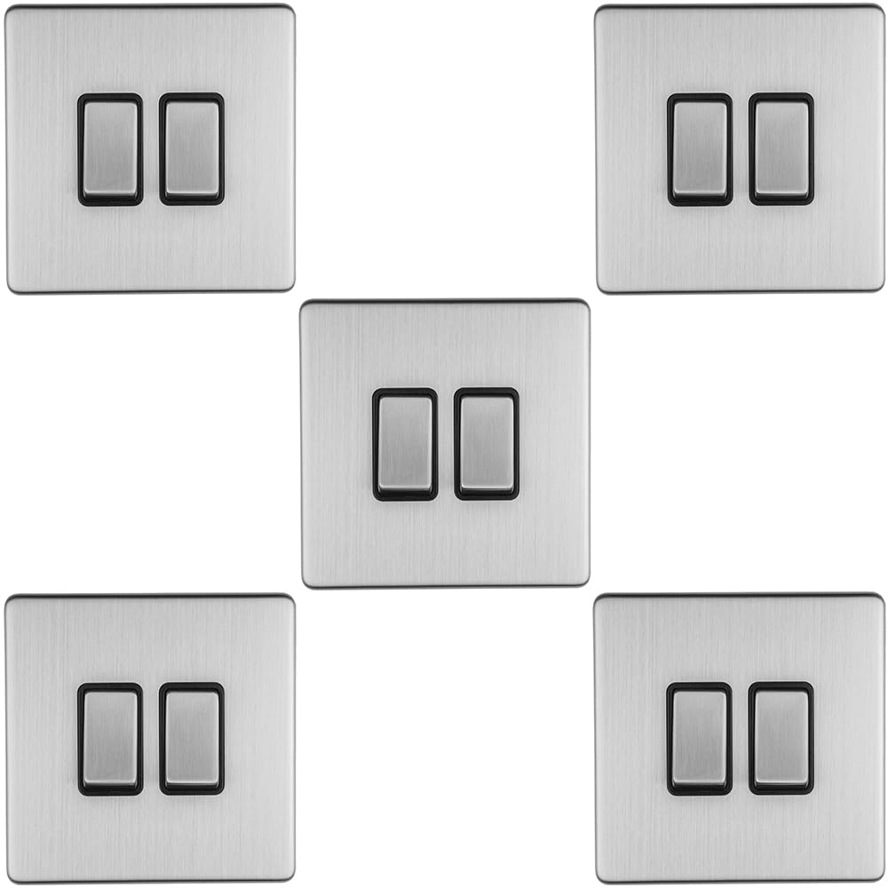 5 Stück 2-Gang-Lichtschalter, schraubenlos, satinierter Stahl, 2-Wege, 10 A, schmaler Wippschalter – dekorative Küche, Wohnzimmer, Schlafzimmer, Teller