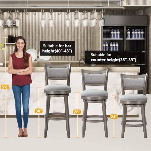 PrimeZone Swivel Bar Stools Set of 4, 26 Inch Counter Height Barstools, High Back Bar Stool with Solid Wood Legs & Wrap-Around Footrest, Counter Stools for Kitchen Island, Pub, Grey