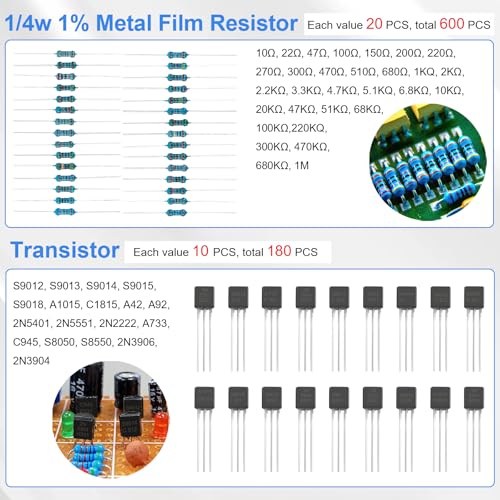 Electronic Component Kit, 1628 Pcs DIY Electronics Kit with LED Diodes, Diodes, Metal Film Resistors, Electrolytic Capacitor, Transistors, Ceramic Capacitors, Dupont Wire, PCB Board, Breadboard - Image 4