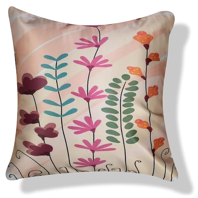 Image of Decorative Satin Sofa Cushion Covers Set of 5, 16 x 16 Inches, Multicolor Floral Printed Pillow Covers for Living Room, Bedroom, Couch & Sofa, Soft Glossy Fabric, Zipper Closure