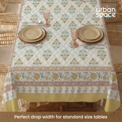 Image of Urban Space 100% Cotton Dining Table Cover 4 Seater, Jaipuri Handblock Cotton Table Cloth for Center Table, Dining Room Table Cover (Size 48 inch x 72 inch - 4 Seater, Amberjaal Yellow)