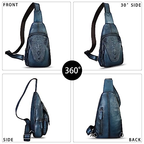 Image of Genuine Leather Sling Bag Embossed Crocodile Pattern Leather Crossbody Sling Backpack Handmade Chest Purse Daypack (Navy Blue)