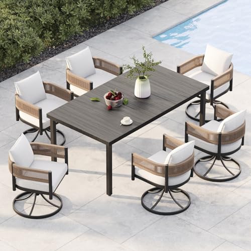 Miramar Beach Restaurant Outdoor Patio Dining: Top Stylish Sets for Comfort 8 Grand patio Outdoor Dining Set for 6, 7PCS Patio Table and Chairs Set, Metal Woven Wicker Swivel Patio Chairs with Thickened Cushions & Rectangular Woodgrain Dining Table with Umbrella Hole (Natural)