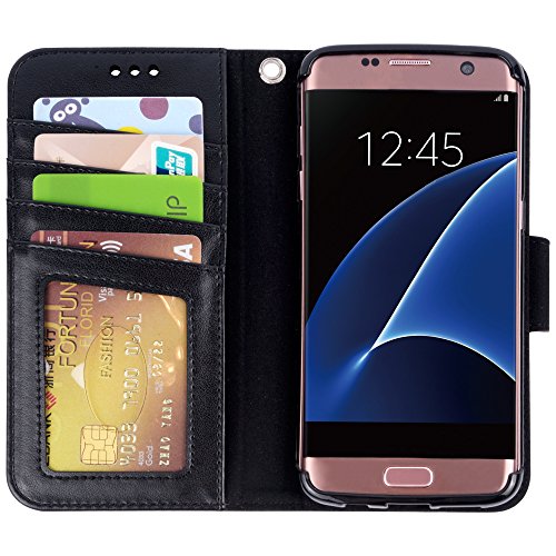 Arae Case Compatible For Samsung Galaxy S7 Edge, [Wrist Strap] Flip Folio [Kickstand Feature] Pu Leather Wallet Case With Id&Credit Card Pockets (Black) #TOP3