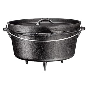 Bruntmor, 3 Legged Pre-Seasoned Large Cast Iron Cauldron Camping Flanged lid Deep Dutch Oven, 6 Quart w/Metal Bail Handle Pre-Seasoned Camping Cookware