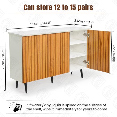 Image of ABOUT SPACE Shoe Cabinet - 3 Tier Shoe Rack with Door | Press Open 3 Door Engineered Wood Shoes Stand for Home | Smooth Non-Fluted-Effect Adjustable Shelf Raised Legs, 15 Pair |White & Teak