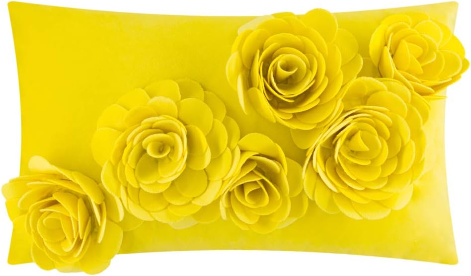 JWH Handmade 3D Flower Throw Pillow Cover Decorative Velvet Fabric Floral Accent Lumbar Cushion Case for Couch Bed Living Room Sofa 12x20 Inch Spring Yellow