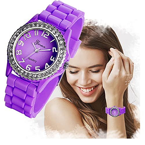 Lancardo Ladies Fashion Rhinestones Crystal Watch Women's Purple Platnium Tone Large Round Face Silicone Watch For Christmas #TOP5