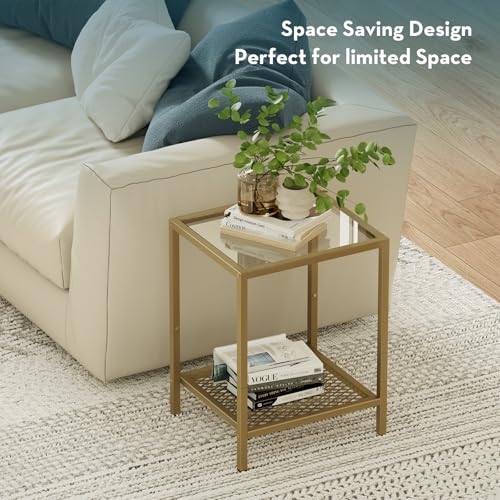 Image of SAYGOER Glass Side Table Small Gold End Table for Narrow Space 2-Tier Square Nightstand with Storage,13.3 inch x 11.8 inch x 19.7 inch,Modern Bed Side Table with Metal Frame for Bedroom Living Room, Easy Assembly