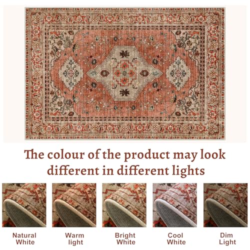 Image of Tangsoo Boho 10x14 Area Rug for Living Room, Washable Vintage Rug Indoor Non Slip Large Area Rugs, Print Oriental Carpet Soft Low Pile Foldable Floor Room Rug for Bedroom Dining Room Terracotta