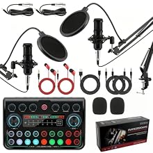 All-in-One Podcast Equipment Bundle for Two：This podcast equipment bundle for 2 includes everything: 2 condenser mics, 2 shock mounts, 2 headphones, 2 pop filters, 2 scissor arms, foam caps, sound card, cables. No extra buy – perfect for co-hosts or ...