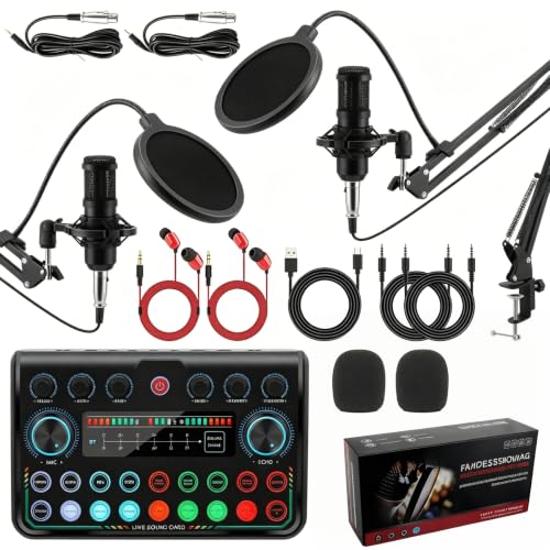 Podcast Equipment Bundle for 2: Voice Changer, Sound Card Mixer & DJ Set – Streaming Mic Kit, Condenser Mics – Singing, Gaming, YouTube, TikTok (Alternative to Focusrite Scarlett 2i2)