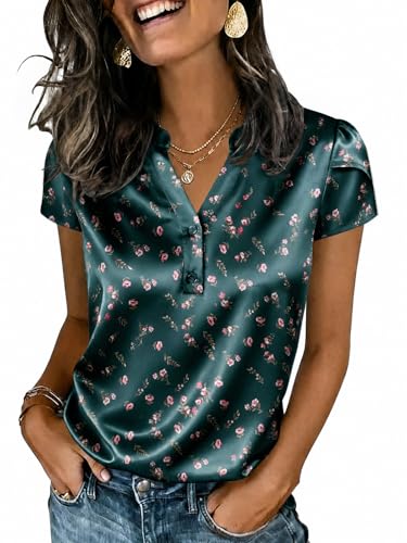 Yousify Women Satin Blouse for Women Business Tops Cap Sleeve V Neck Outfit Tshirt Silk Shirt Summer Clothes(Green Flower Medium)