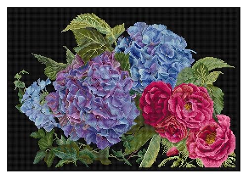 Image of Thea Gouverneur - Counted Cross Stitch Kit - Hydrangea & Rose - Aida Black - 18 Count - Embroidery Kit for Adults - DMC Embroidery Threads and Other Cross Stitch Supplies Included - 442.05
