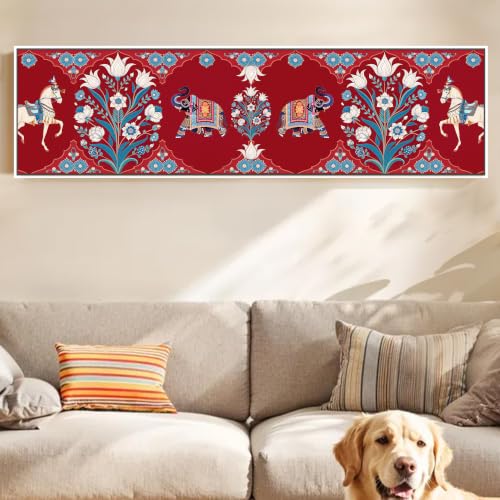 Image of Mughal folk Art Vibe Flower Canvas Framed Wall Art Painting For Living Room, Mughal-Inspired Elephant & Horse Painting With Frame Red Floral Ethnic Wall Art For Home & Office Decor, 13x47 Inch
