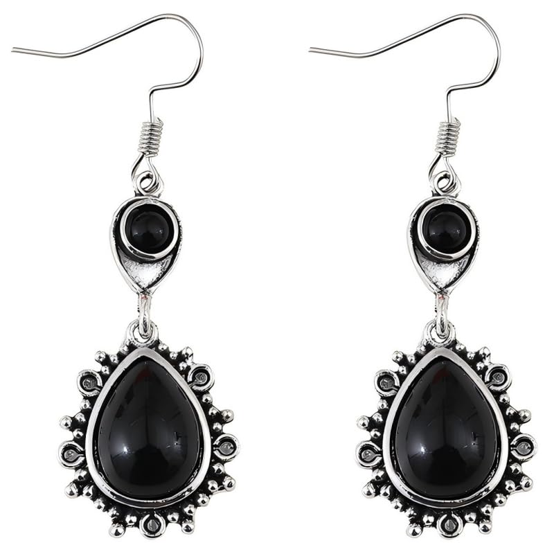 Aretes Bohemios de Cristal y Ónix Negro Colgantes en Forma de Lágrima para Mamá Esposa Estilo Largo Joyería Antigua Elegante para Noche (Negro)