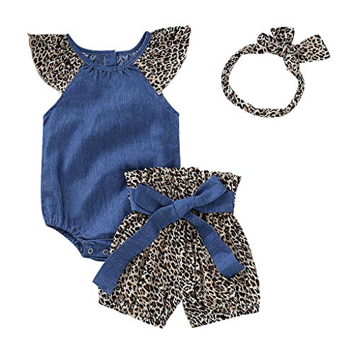 i-uend Mädchen Baby Sommer Mode niedlich ärmellose einfarbig Denim Kleidung + Leopard Bogen Hose + Haarband dreiteilig