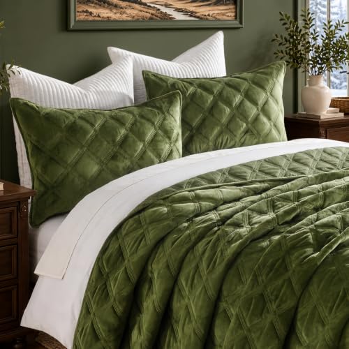 WONGS BEDDING Velvet Comforter King, Lattice Diamond Quilt Set, Olive Green - image 2
