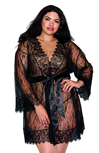 Dreamgirl Women's Plus Size Romantic Black Lace Long-Sleeved Kimono Robe - 2X