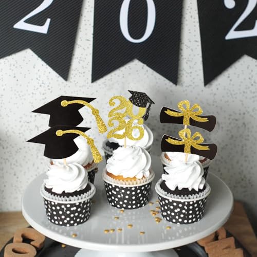 Image of 2026 Gold Glitter Graduation Cupcake Topper | Food /Appetizer Picks Class of 2026 Graduation Party Supplies(24pcs)
