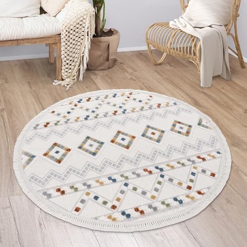 Paco Home Teppich Wohnzimmer Kurzflor Boho Modern Ethno Skandinavisch Geometrisches Muster Fransen, Grösse:120 cm Rund, Farbe:Bunt 6