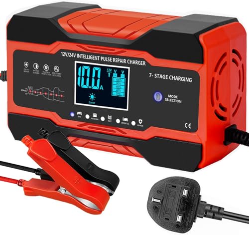 12V/24V 10Amp Car Battery Charger, Automatic Battery Charger with Temperature Compensation, Repair/Maintains for Cars SLA, AGM, WET & GEL Lead Acid Batteries