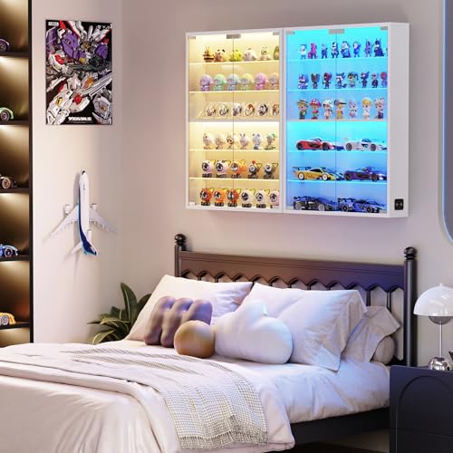 Image of Wall Display Case with Glass Doors, Sports Card Display Case | 6-Tier, Adjustable Glass Shelves, Shot Glass Display Case for Collectibles, Display Cabinet for Trading Cards, White