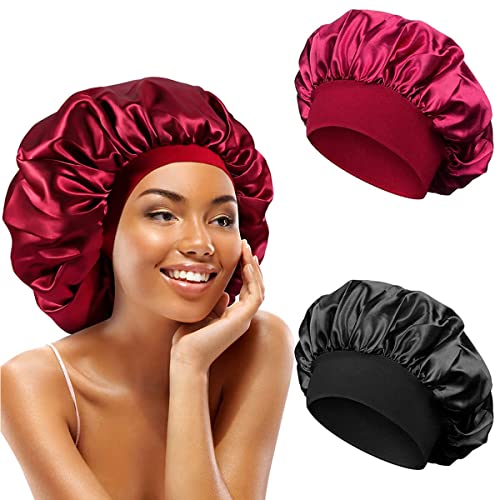 Lerkely 2pcs Bonnets de Nuit Doux pour Femme, Bonnet De Nuit Satin élastique, Réutilisable Chapeaux de Sommeil, Bonnet de Nuit en Satin lâche et serré pour Soin Cheveux, Maquillage (Red + Black)