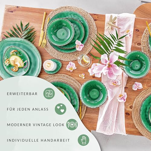 Sänger | Teller Set Palm Beach 12 tlg, Geschirrset 4 Personen, Geschirr Steingut, Dinner Set inkl. Speiseteller Dessertteller & Tiefe Teller Grün Schwarz mit Braunem Farbverlauf | PREMIUM COLLECTION