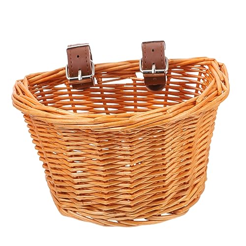 HEMOTON Detachable Front Handlebar Basket for Boy Girl D-Shaped Wicker Woven Bike Storage Container Handmade Natural Willow Easy to Attach for Outdoor Cycling