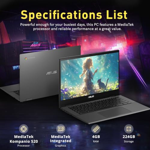 Image of ASUS Chromebook CM1402 14 inch FHD Anti-Glare Laptop, MediaTek Kompanio 520, 4GB LPDDR4X, 224GB Storage(64GB eMMC+160GB Docking Station Set), HD Webcam, WiFi 6, Bluetooth, Chrome OS, Gray