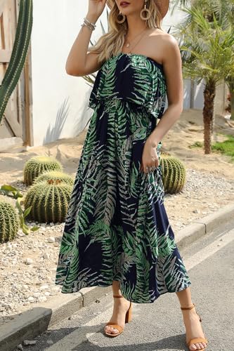 Image of ZMPSIISA Women's Summer Off The Shoulder Maxi Dress Ruffle Strapless Blue White Porcelain Boho Casual Loose Long Dresses