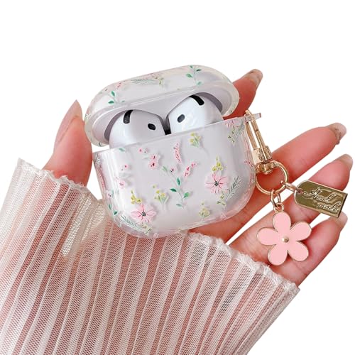 Image of MINSCOSE Compatible with AirPods 4 Clear Case, Cute Cartoon Flower Pattern Design with Aesthetic Floral Keychain Soft TPU Protective Shockproof Cover for AirPods 4 for Women Girls-Pink