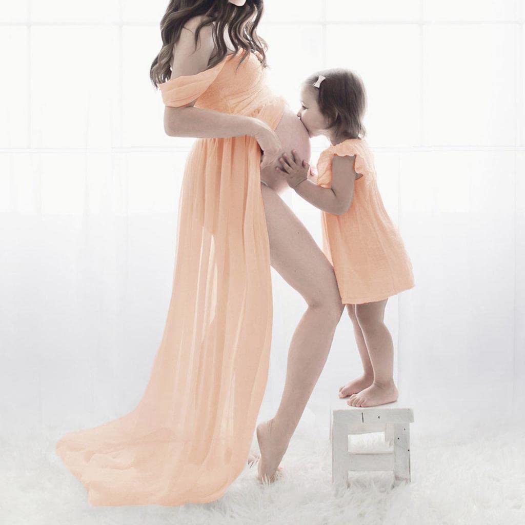 Robe de Maternité Longue Maxi à épaules Dénudées, Accessoire Photo, Rose, S
