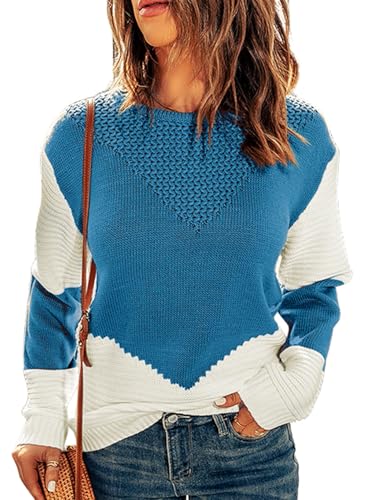 Image of Dokotoo Womens Crochet Crewneck Long Sleeve Pullovers Color Block Tunic Ribbed Sweaters Jumper Tops