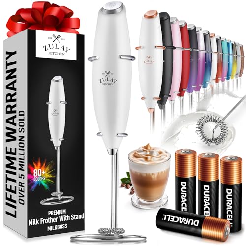 Zulay Kitchen Powerful Milk Frother Wand With 4 AA Duracell Batteries - Ultra Fast Handheld Drink Mixer - Electric Whisk Foam Maker for Coffee, Lattes, Cappuccino, Matcha & Creamer - Blizzard White